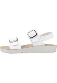 Sandalias blancas con dos correas ajustables, hebillas plateadas, una plantilla acolchada y una suela gruesa para mayor comodidad y soporte.