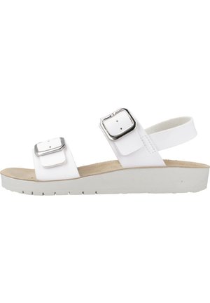 Sandalias blancas con dos correas ajustables, hebillas plateadas, una plantilla acolchada y una suela gruesa para mayor comodidad y soporte.
