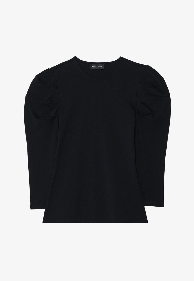 Černý dlouhý rukáv top vyrobený z měkkého materiálu s kulatým výstřihem, volnými rukávy a uvolněným střihem. Minimalistický design bez vzorů nebo akcentů.