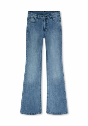 Jean denim bleu taille haute avec jambes évasées, bouton et fermeture éclair à l'avant, style cinq poches, posé à plat sur fond blanc.
