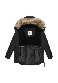 Czarna parka z kapturem wyłożonym futrem, z miękkim wnętrzem, wieloma kieszeniami wewnętrznymi oraz eleganckim, opływowym kształtem.