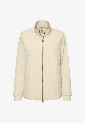 Kremfarvet vatteret jakke med fuld sort lynlås foran, stående krave og ribstrikkede manchetter på lange ærmer.