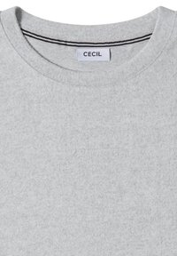 Pull col rond gris clair avec un détail de double rayure noire à l'intérieur du col et une étiquette blanche indiquant "CECIL" à l'arrière du cou.