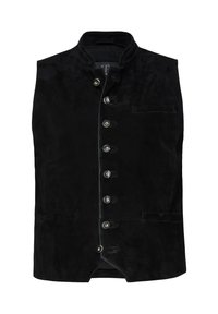 Gilet in suede nero con colletto alzato, sei bottoni sul davanti e due tasche frontali. Texture liscia con un design elegante.