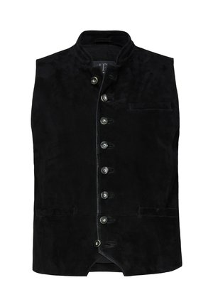 Black suede vest with a stand collar, six buttons down the front, and two front pockets. Smooth texture with a sleek design.