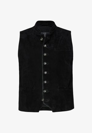 Czarna zamszowa kamizelka z stójką, sześcioma guzikami z przodu i dwiema przednimi kieszeniami. Gładka faktura z eleganckim krojem.