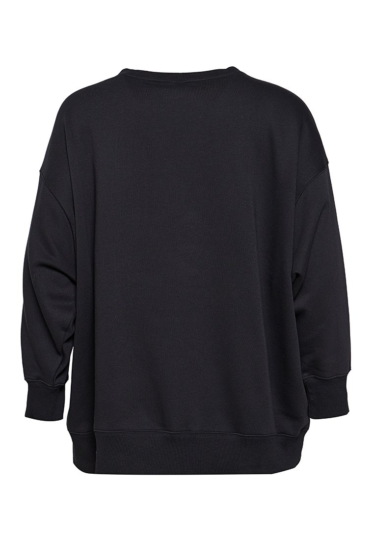 Sweatshirt noir surdimensionné avec un col ras du cou, des épaules abaissées et des poignets côtelés. Texture douce avec une finition lisse. Pas de logos visibles.