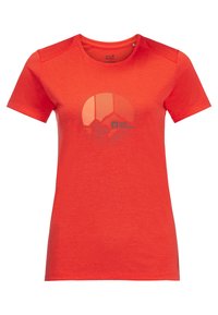 Červené tričko s krátkým rukávem vyrobené z měkké tkaniny, s grafickým designem fotbalového míče a logem značky ve kontrastní barvě uprostřed.