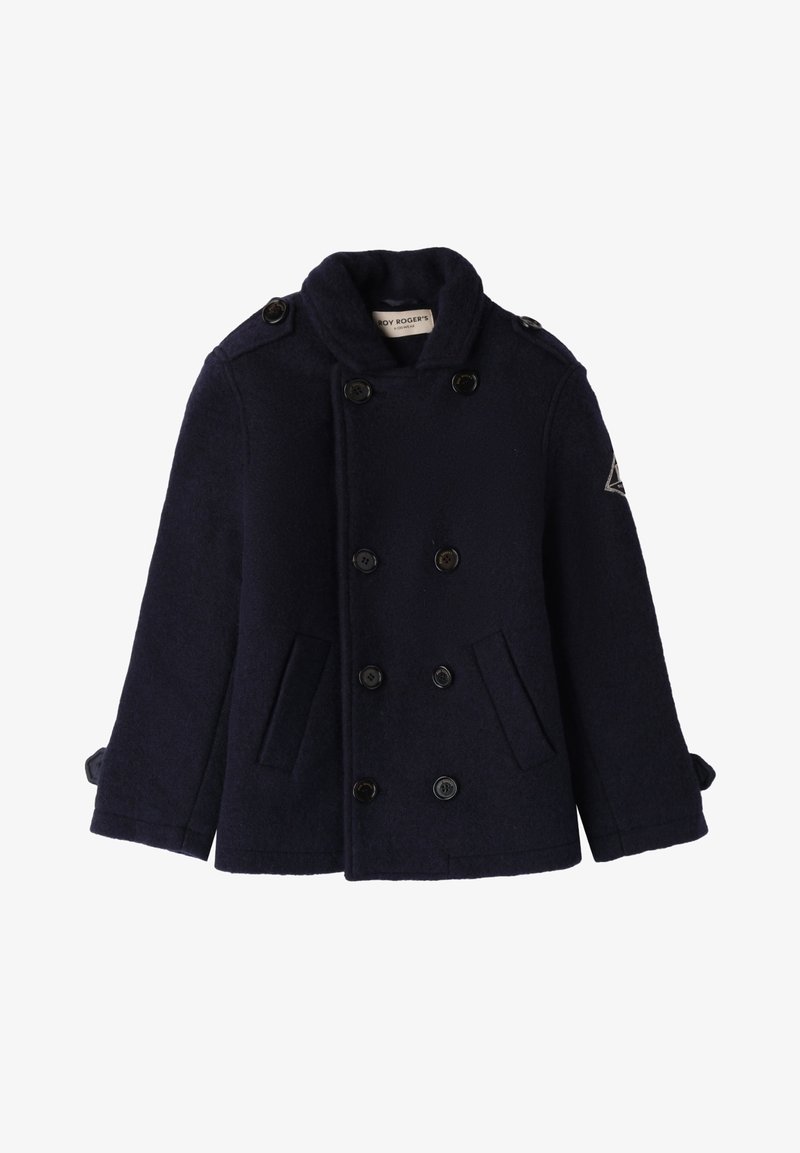 Manteau en laine bleu marine à double boutonnage avec un col haut, des poches latérales, des boutons noirs et un emblème sur la manche gauche.