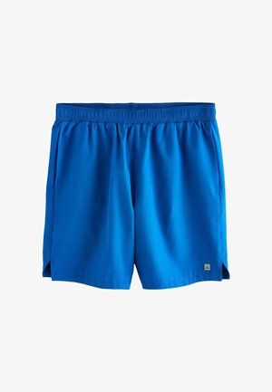 Blaue Badeshorts aus leichtem, glattem Stoff. Mit elastischem Bund und Seitentaschen sowie einem kleinen Logosticker auf der Vorderseite.