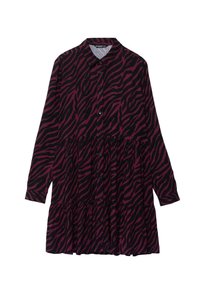 Schwarzes und burgunderfarbenes Zebra-Print Hemdkleid mit Kragen, langen Ärmeln, Knopfverschluss und mehrlagigem Rüschensaum.