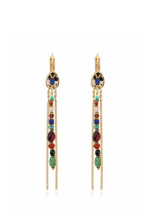 Boucles d’oreilles longues pendantes ton or avec perles colorées mélangées et chaînes, avec des accents bleus, verts, rouges, noirs et nacrés.