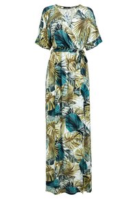 Robe maxi en tissu léger avec des motifs de feuilles tropicales vertes et bleues, décolleté en V, manches courtes et taille à nouer.