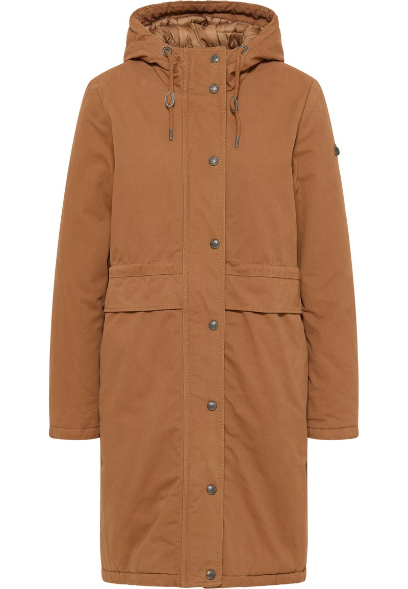 Brązowy płaszcz parka z kapturem, z zapięciem na guziki z przodu, ściągaczem w pasie oraz dwoma przednimi kieszeniami. Miękka, teksturowana tkanina z ciepłym podbiciem.