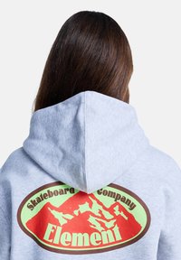 Felpa grigia con cappuccio regolabile, caratterizzata da un logo colorato sul retro con montagne, accenti rossi e verdi e testo che delinea il marchio.