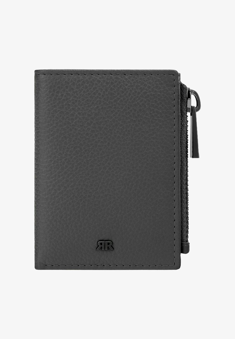 Cartera de cuero negro texturizado con un pequeño logo "RR" en relieve y un bolsillo con cremallera en el lado derecho.