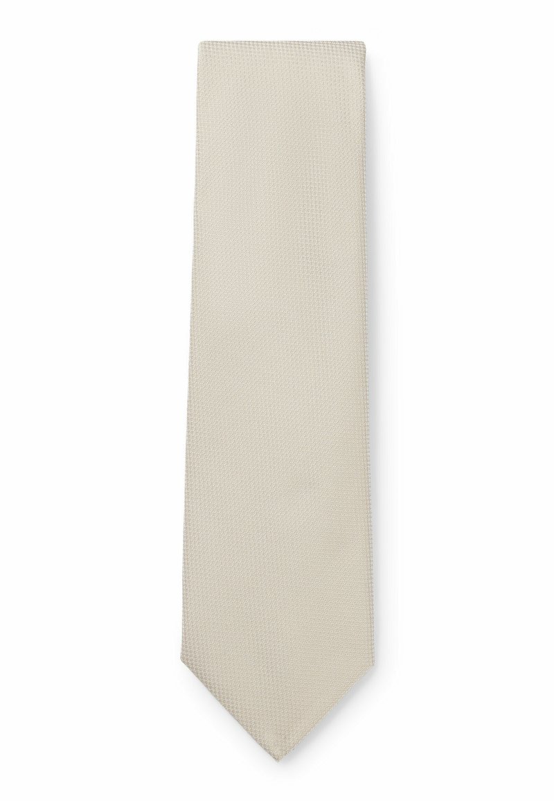 Cravate beige avec un motif texturé, design slim et extrémité effilée. Fabriquée en tissu lisse, adaptée aux occasions formelles ou semi-formelles.