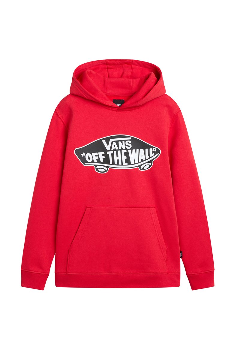 Felpa rossa in cotone con un grande graphic in bianco e nero "VANS OFF THE WALL" sul davanti e una tasca a marsupio sul fronte.