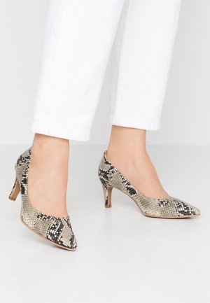 Pieds portant des escarpins à talon moyen à bout pointu avec un motif peau de serpent, associés à un pantalon blanc court, debout sur un sol blanc.