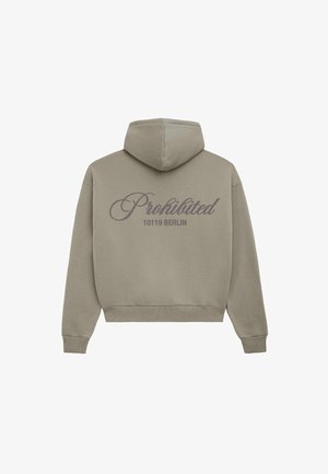 Sweat à capuche gris clair à coupe ample. Il présente un grand "Interdit" en cursive et "10119 BERLIN" imprimé au dos.