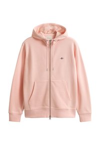 Hellrosa Zip-Hoodie mit Fronttaschen, verstellbarer Kordelkapuze, gerippten Bündchen und kleinem besticktem Logo auf der linken Brustseite.