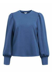 Blå långärmad topp med rundad halsringning, puffärmar och åtsittande ärmslut. Tillverkad av ett mjukt, elastiskt tyg. Enkel design, utan mönster.