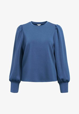 Blue long-sleeve top with a rounded neckline, puffed sleeves, and fitted cuffs. Made of smooth, stretchy fabric. Simple design, no patterns.