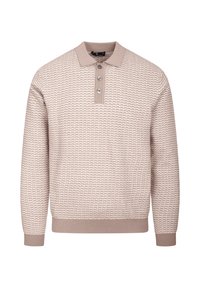 Lys beigefarget genser med strukturmønster, tre knappelukkinger og krage. Ribbestrikkede mansjetter og midjebånd gir et tettsittende utseende.