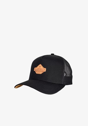 Fekete sapka texturált anyagú elülső résszel, hálós hátsó résszel, ívelt zászlóval, és egy barna bőrszerű folttal, amelyen a "BLACKSKIES PREMIUM SUPPLIES MMIX" logo látható.