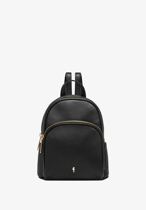 Czarny skórzany plecak z dwoma komorami zamykanymi na zamek, zamkami w kolorze złotym, małym złotym logo z przodu oraz regulowanymi paskami na ramiona.