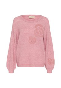 Rosa gestrickter Pullover mit rundem Ausschnitt, langen Ärmeln und floralen Motiven auf der Vorderseite. Weiche Textur mit lockerer Passform.