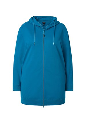 Blaue Kapuzenjacke aus weichem Stoff, mit einem Frontreißverschluss, Kordelzügen und gerippten Bündchen mit kontrastierenden Streifen.