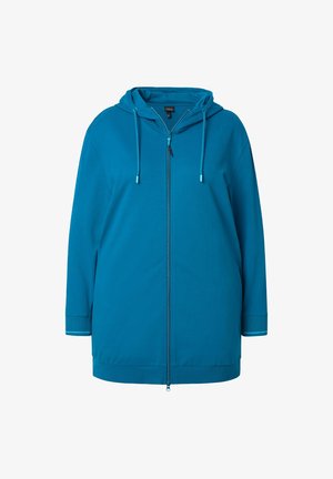 Blue hooded jacket made from soft fabric, featuring a front zipper, drawstrings, and ribbed cuffs with contrasting stripes.