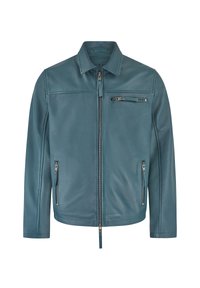Giacca di pelle blu con colletto, zip completa, due tasche laterali e una tasca sul petto con dettaglio zip. Texture liscia.