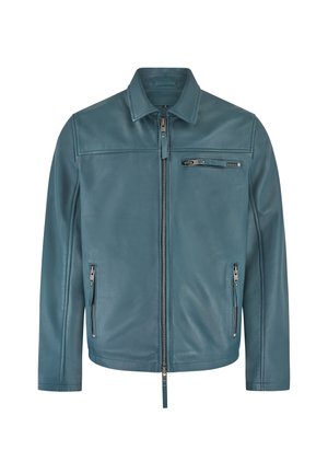 Modrá kožená bunda s límečkem, plným zipem, dvěma bočními kapsami a kapsou na hrudi se zipem. Hladká textura.