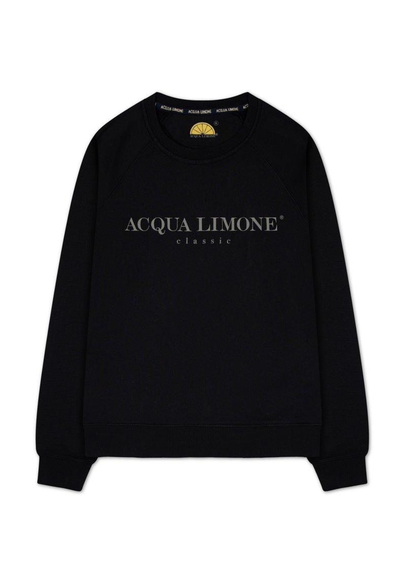 Svart sweatshirt i en bomullsblandning med ribbad rundhals och raglanärmar. Har en centrerad logotyp "ACQUA LIMONE classic" i ljusgrått.