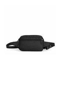 Borsa in tessuto nero a vita con forma rettangolare, dotata di chiusura con zip e tracolla regolabile, adatta per un uso casual.