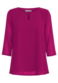 Blusa magenta con maniche a tre quarti, scollatura rotonda e dettaglio a occhiello. Realizzata in tessuto leggero e liscio. Design dritto.