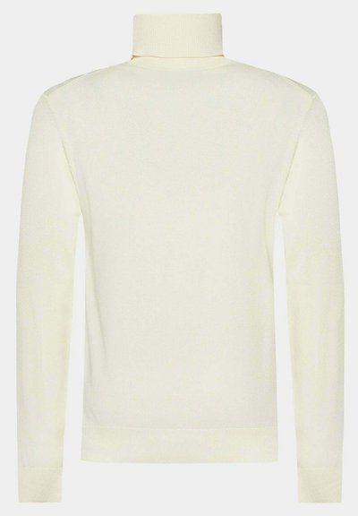Maglione a collo alto giallo chiaro con maniche lunghe, realizzato in un tessuto a maglia morbido. Presenta un collo e dei polsini a coste. Design minimalista.