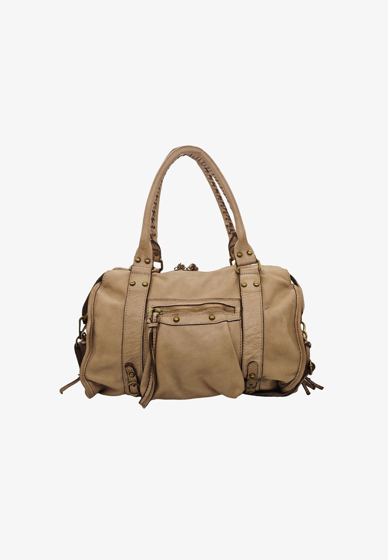 Sac à main en cuir beige avec deux poignées, poche zippée à l'avant avec un gland, et détails en rivets en laiton, sur fond blanc.