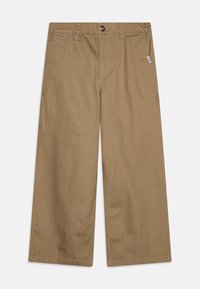 Khaki wide-leg pants in sturdy cotton fabric, featuring a front button closure and side pockets. Textured surface with minimal stitching details.