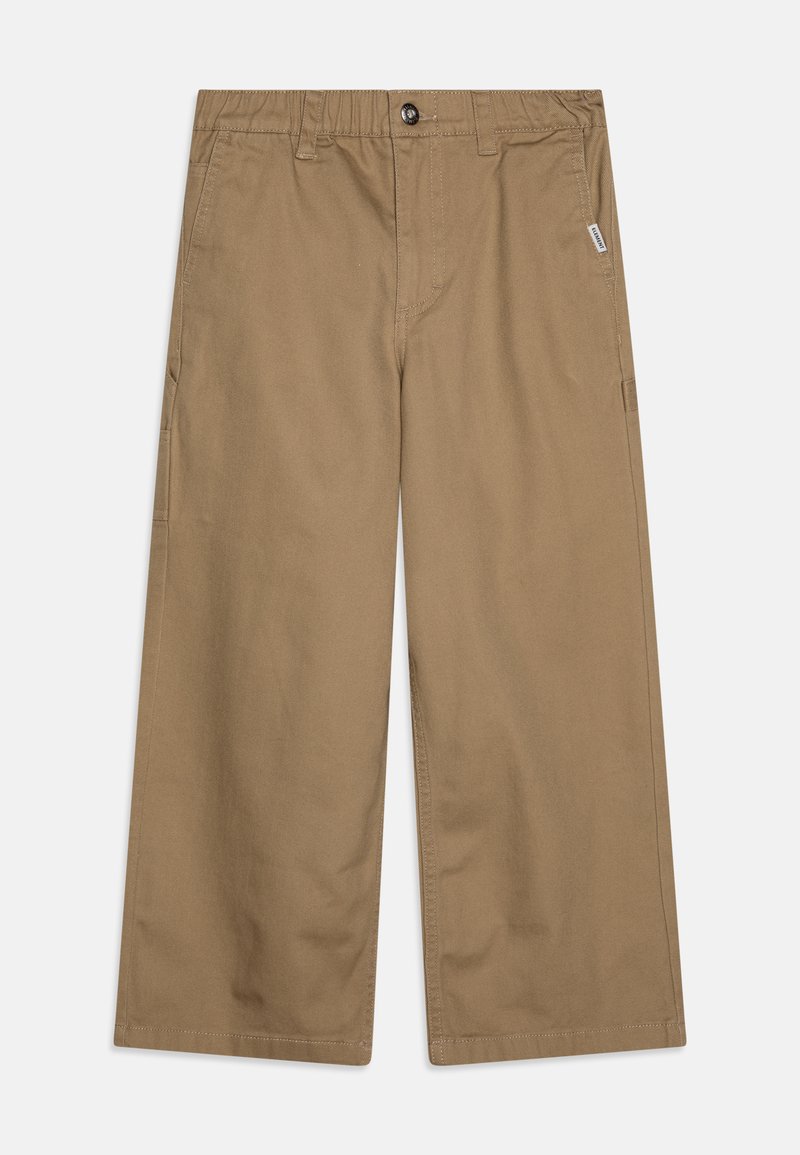 Khaki wide-leg pants in sturdy cotton fabric, featuring a front button closure and side pockets. Textured surface with minimal stitching details.
