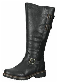 Bottine noire en cuir hauteur genou avec deux boucles et une finition texturée. Elle possède une semelle en caoutchouc et un bout arrondi. Design robuste avec des coutures contrastantes.