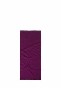 Tela tubular multifuncional de color púrpura, textura suave, sin patrones visibles, logo sutil en la esquina inferior, diseño ligero y elástico.