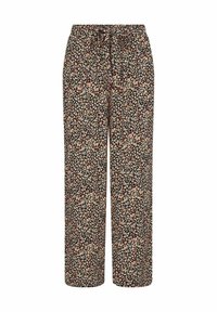 Černé široké kalhoty s květinovým potiskem, elastickým pasem a šňůrkou, se zápichy malých barevných květinových vzorů po celé ploše.