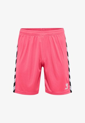 Shorts de sport roses avec des bandes latérales noires et blanches, taille élastique et détail de logo dans le coin inférieur droit. Tissu à texture lisse.