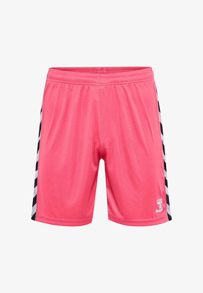 Rosa träningsshorts med svarta och vita sidränder, elastisk midja och logodetalj i det nedre högra hörnet. Slät tygtextur.