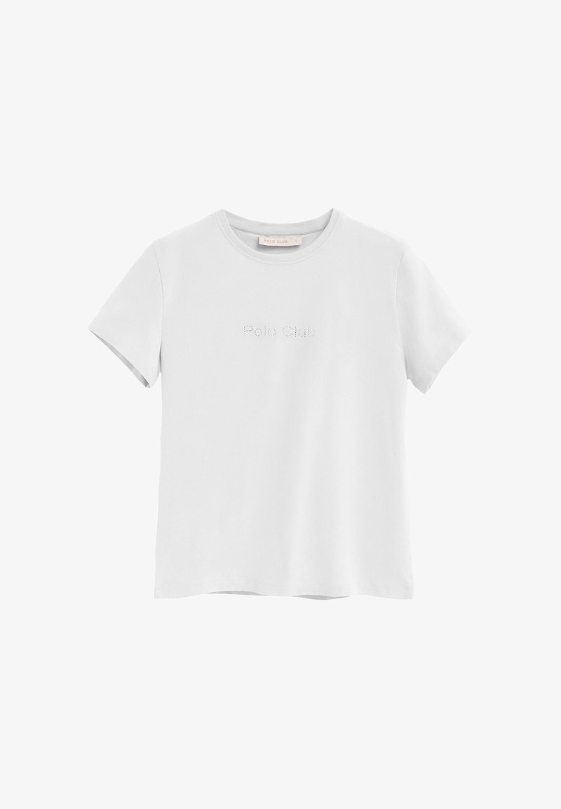 T-shirt blanc à manches courtes et col rond, avec un petit texte perforé "Polo Club" sur la poitrine et une étiquette "Polo Club" à l'intérieur du col.