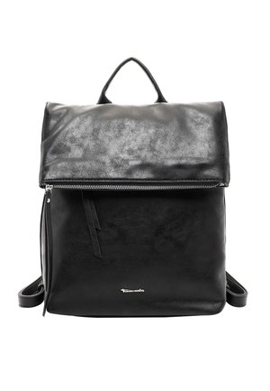 Black leather backpack with a flap secured by a horizontal zipper and adjustable shoulder straps, displayed against a white background.