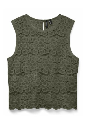 Olivengrøn blomstret blonde tanktop med en bølget kant og nøglehul-detalje på ryggen. Har et tekstureret mønster og ærmeløs design.